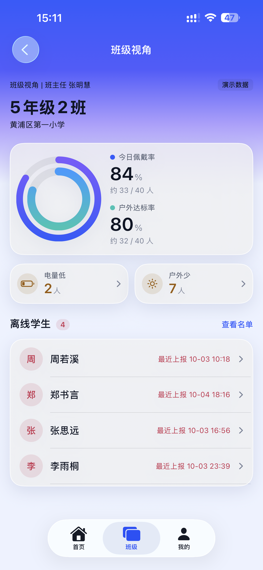 管理端App班级视角，演示数据